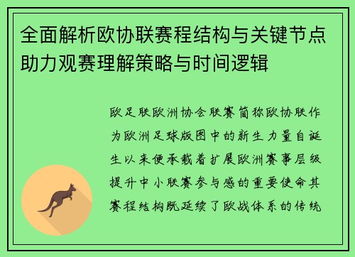 全面解析欧协联赛程结构与关键节点助力观赛理解策略与时间逻辑